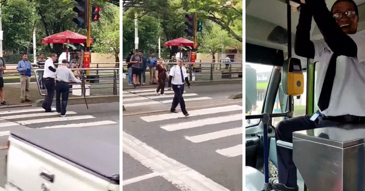 Conductor se bajó del vehículo y ayudó a un abuelito a cruzar la calle